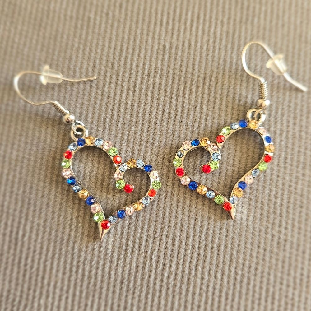 Nwot Multicolor Rhinestone Open Heart Drop Earrings